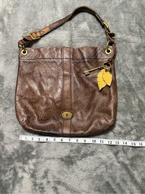 Fossil Brown Embossed Leather Hobo with Yellow Leaf Charm